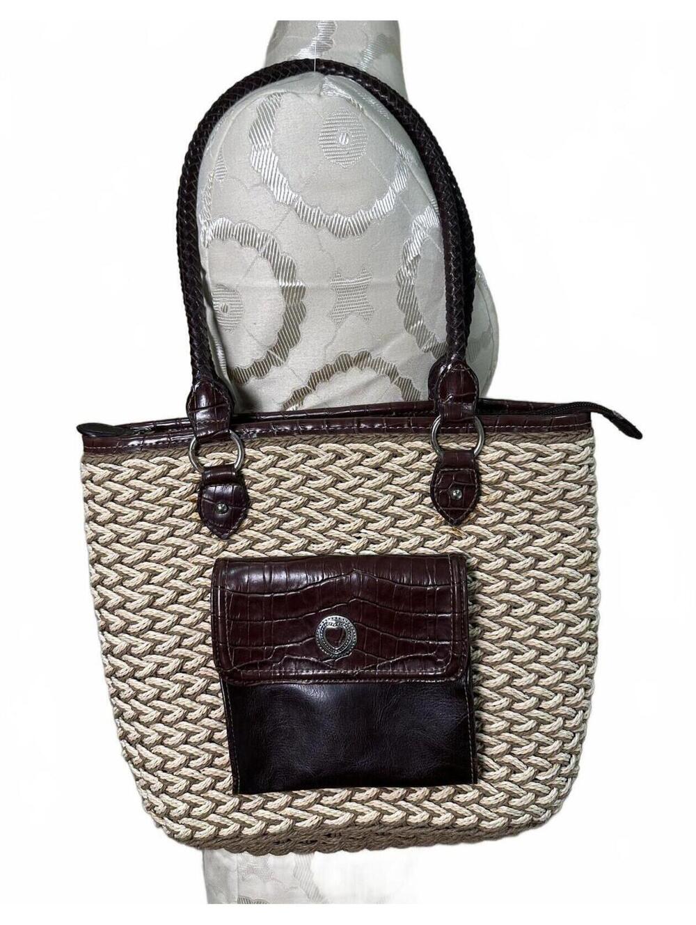 Marlo Woven Straw Handbag Brown Faux Leather Trim and Front Pocket